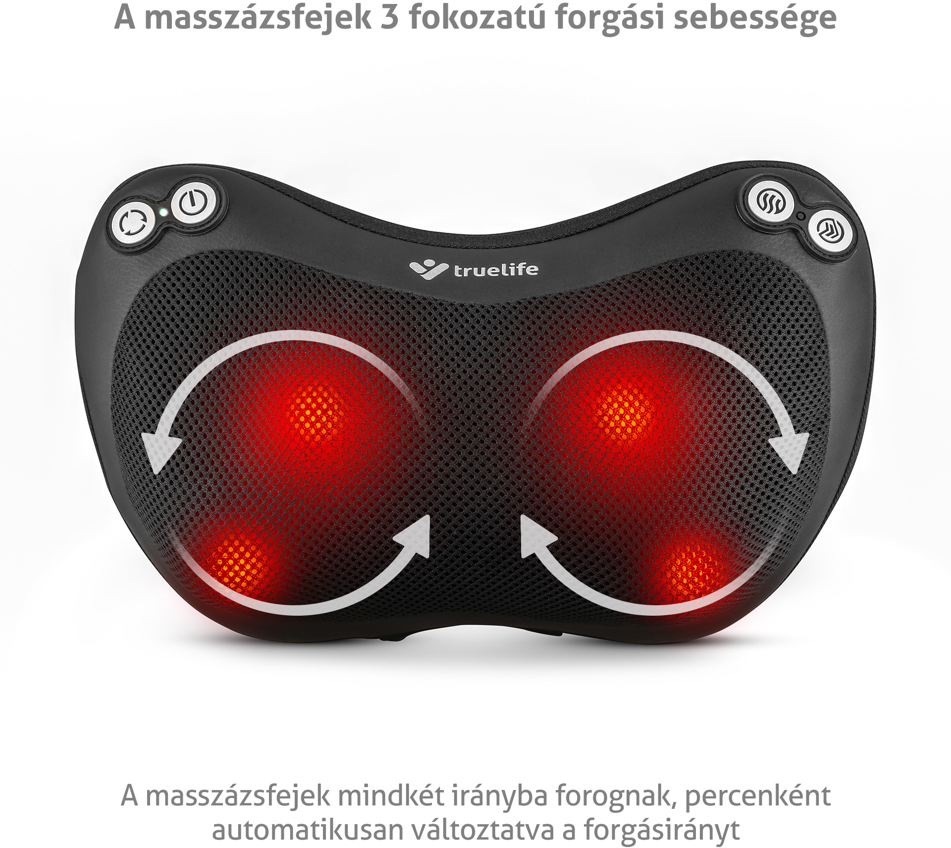 Fekete masszázspárna nyilakkal, piros masszázsfényekkel és szöveggel.