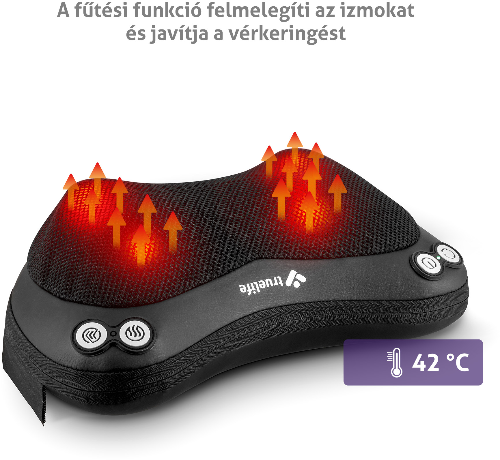 Fekete masszázspárna piros nyilakkal és hőmérsékletet jelző szöveggel. Egy digitális kijelző 42°C-ot mutat.