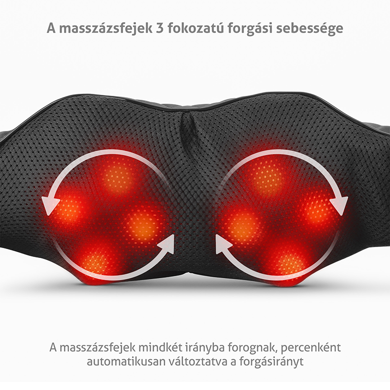 Egy nyakmasszírozó két piros, világító masszázsfejjel és fehér nyilakkal.