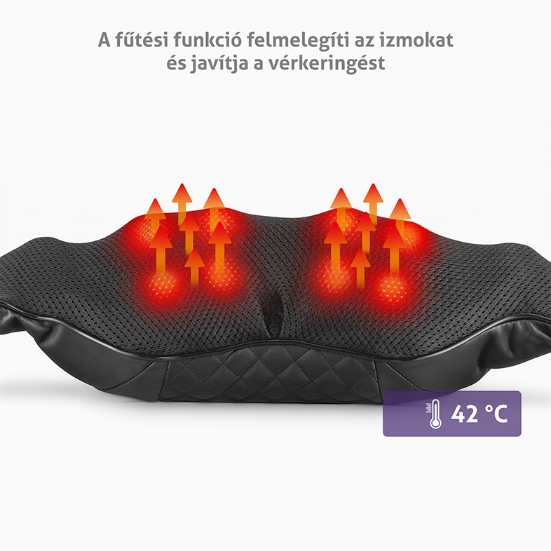 Egy fekete masszázs párna piros hő ikonokkal és hőmérséklet jelzővel.