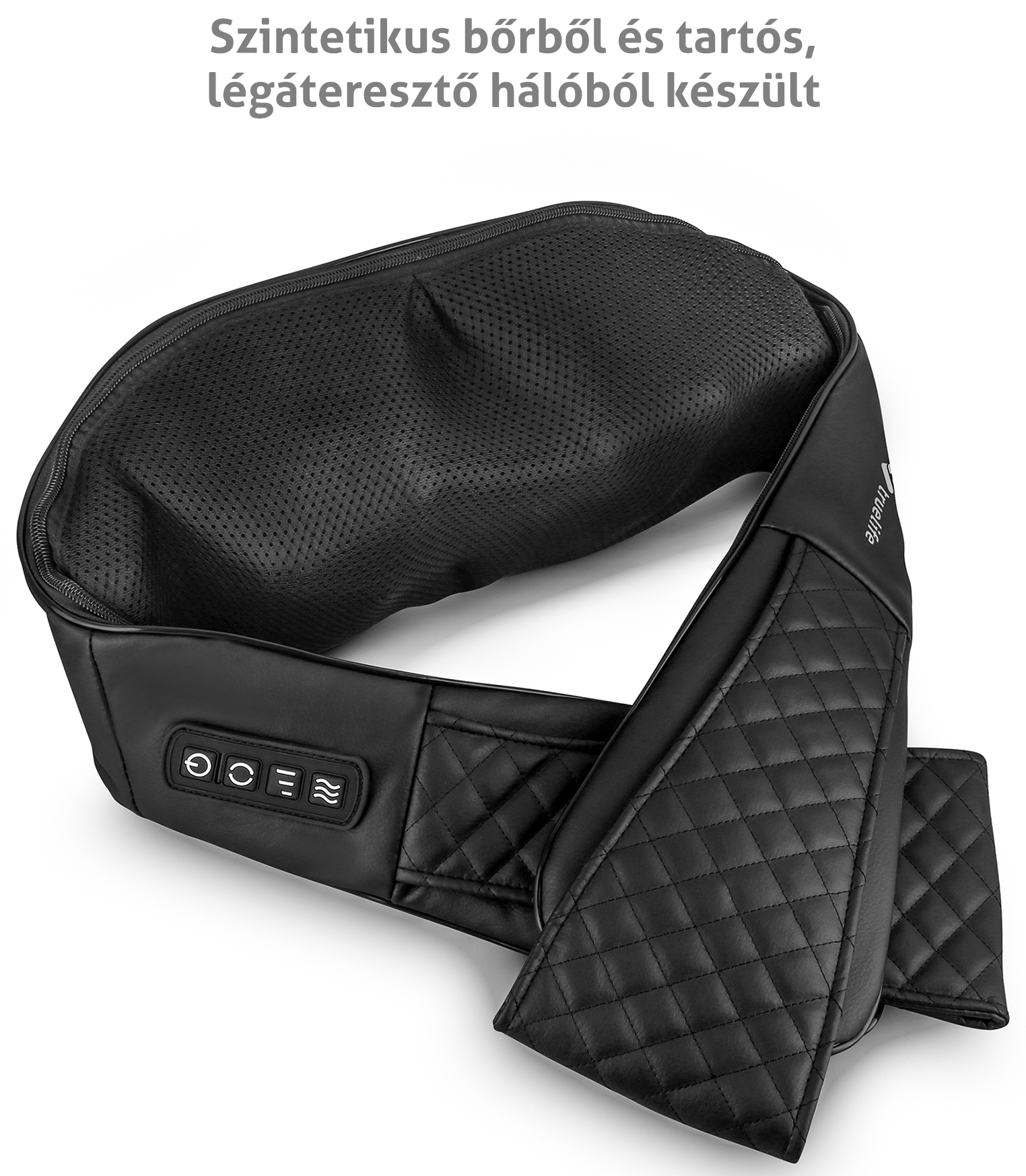 Fekete masszázskészülék pántokkal és gombokkal, fehér háttérrel.