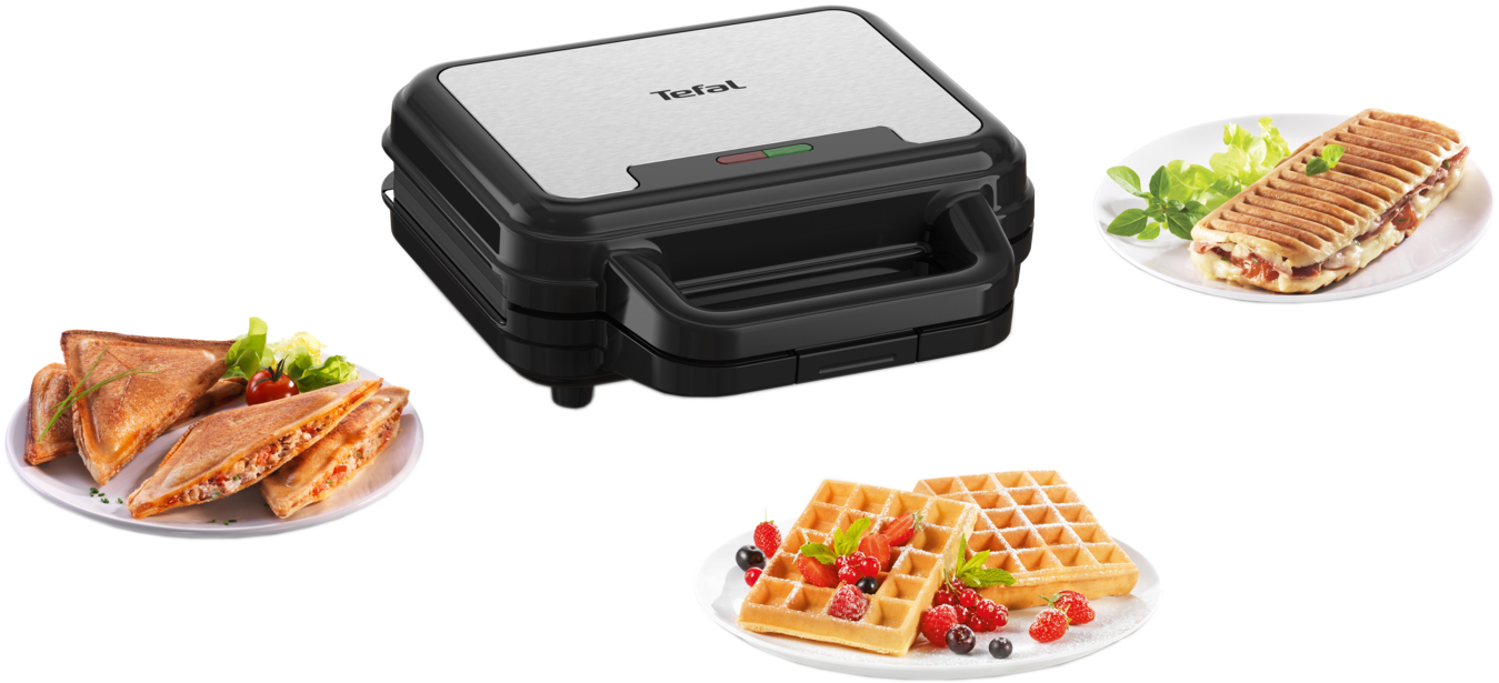 Tefal szendvicskészítő szendvicsekkel, gofrikkal és egy paninivel. Az összes étel tányérokon van.