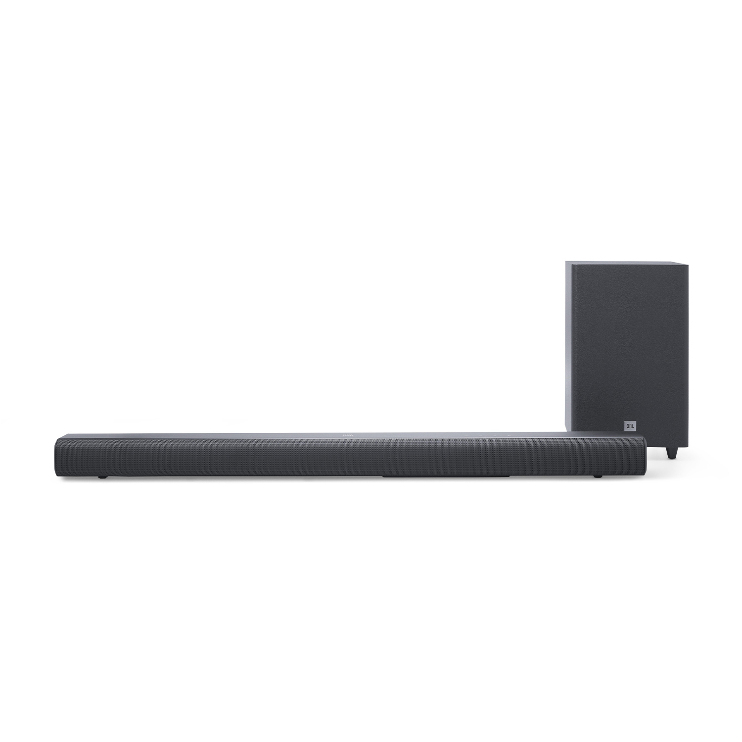 Un set soundbar e subwoofer su sfondo bianco, marchio JBL.