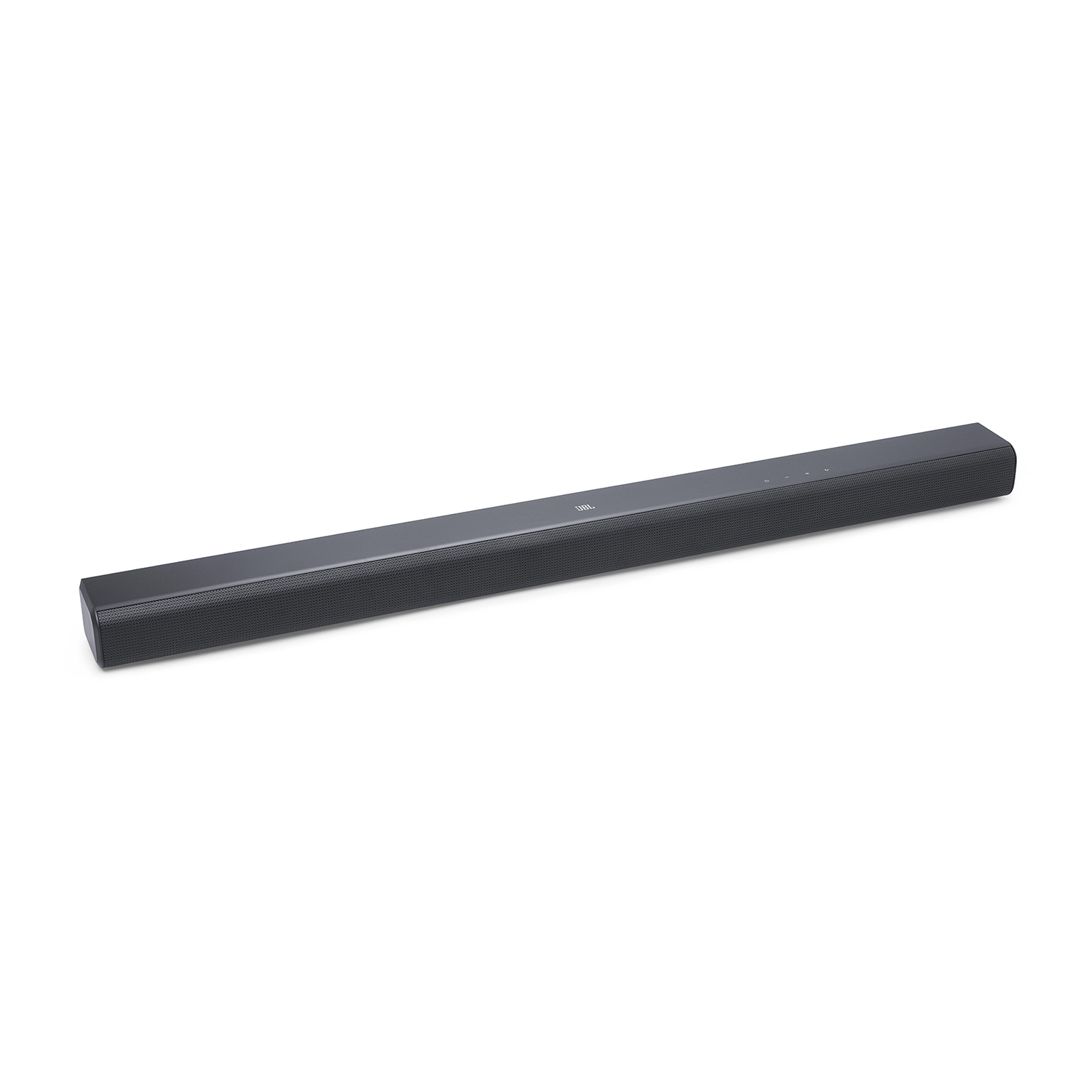 Soundbar JBL nera, lunga e rettangolare, su sfondo bianco.