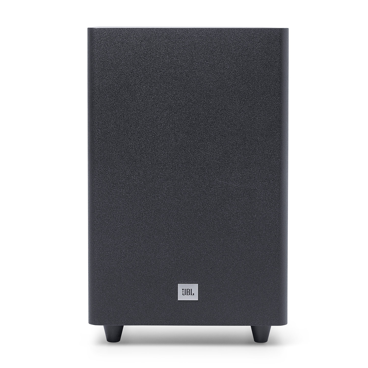Subwoofer JBL nero su sfondo bianco. Il logo JBL è visibile.