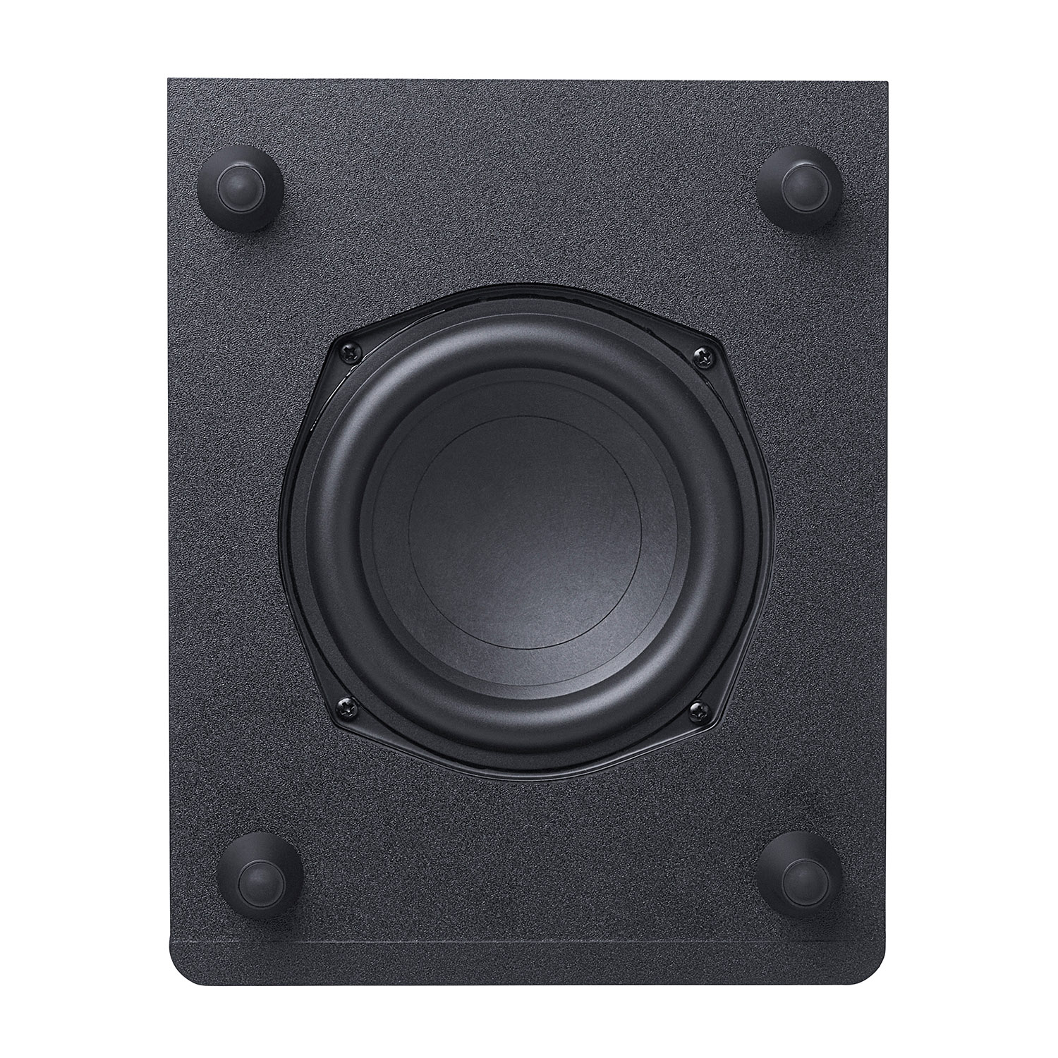 Un subwoofer nero con quattro piedini neri. È un dispositivo di forma quadrata.
