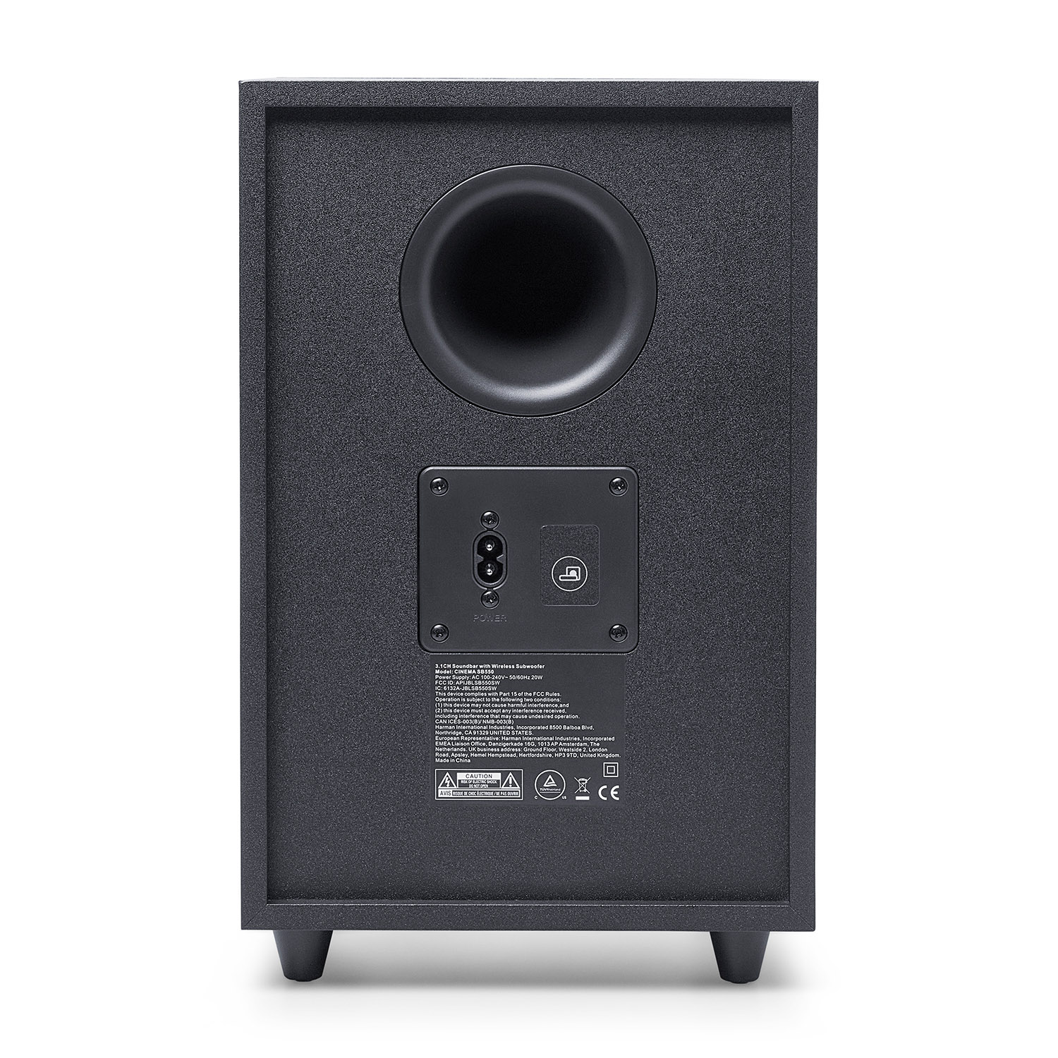Retro di un subwoofer nero con ingressi e porta di alimentazione.