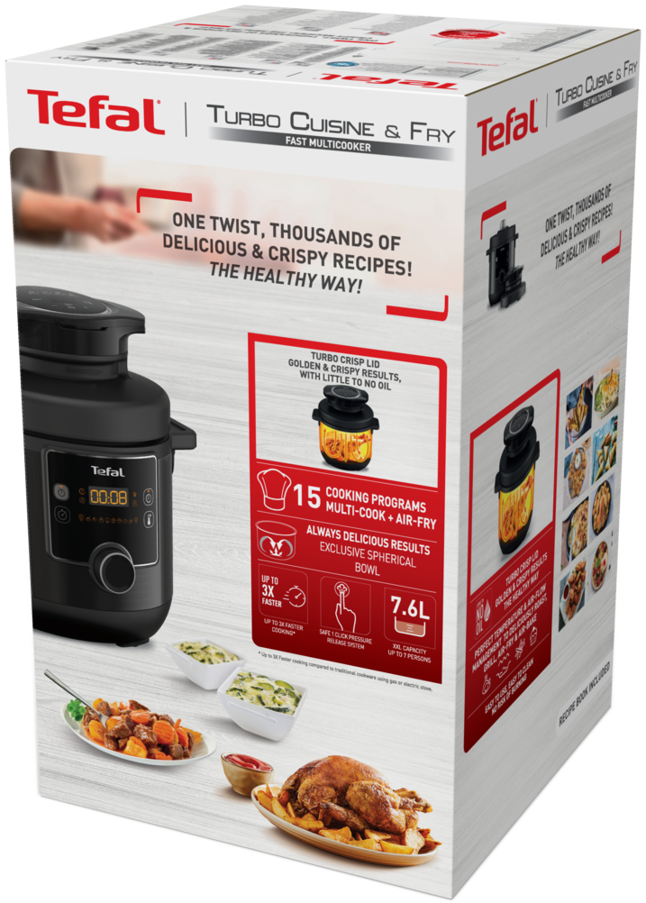 Tefal Turbo Cuisine & Fry doboz ételképekkel. A dobozon egy fekete készülék látható elöl.