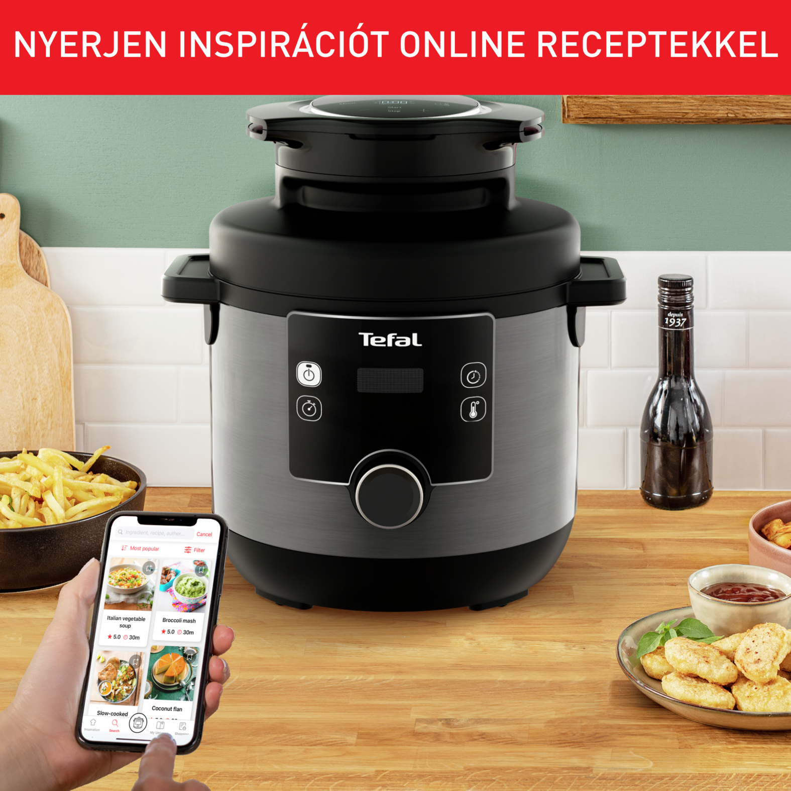 Egy Instant Pot étellel, egy telefon, amely receptek, és egy üveg balzsamecettel.