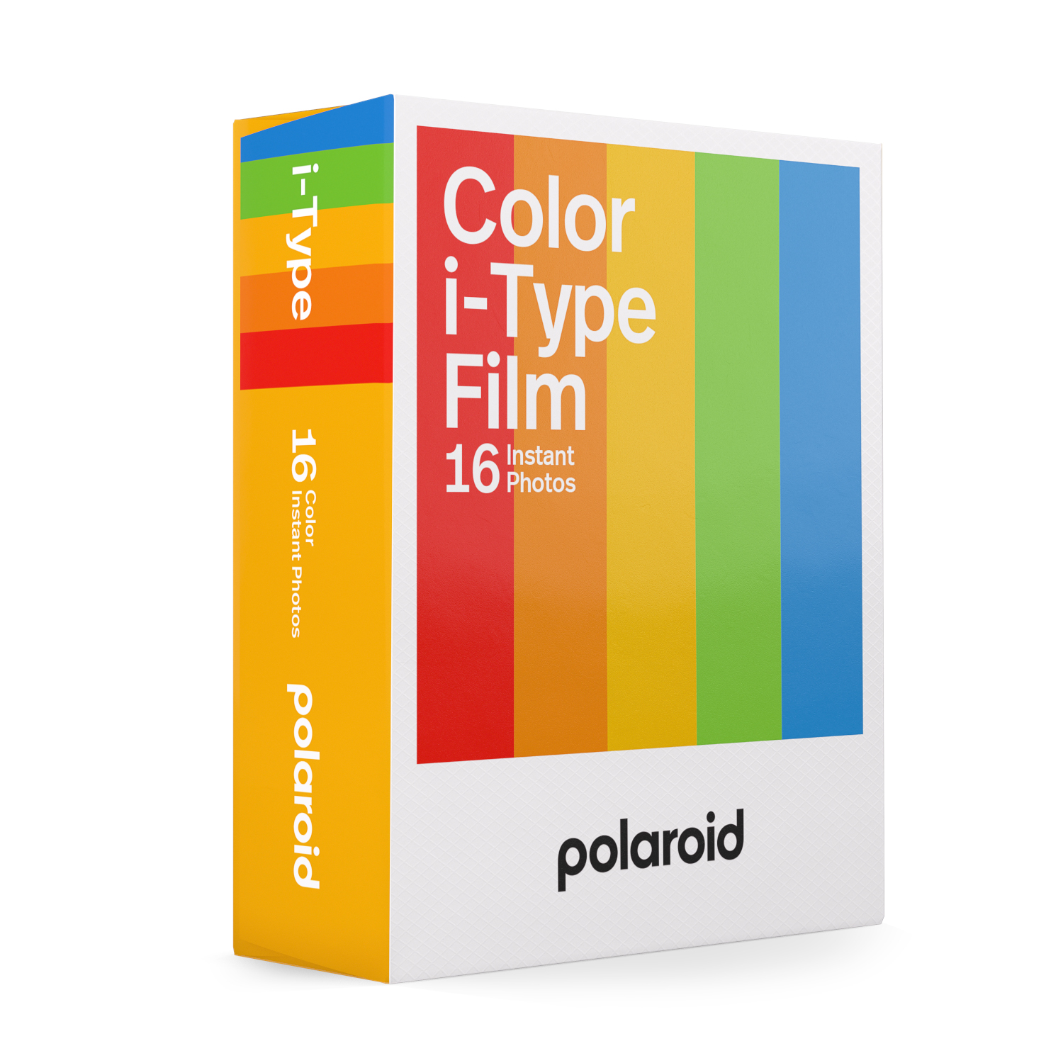 Une boîte de film Polaroid i-Type avec un design arc-en-ciel coloré.