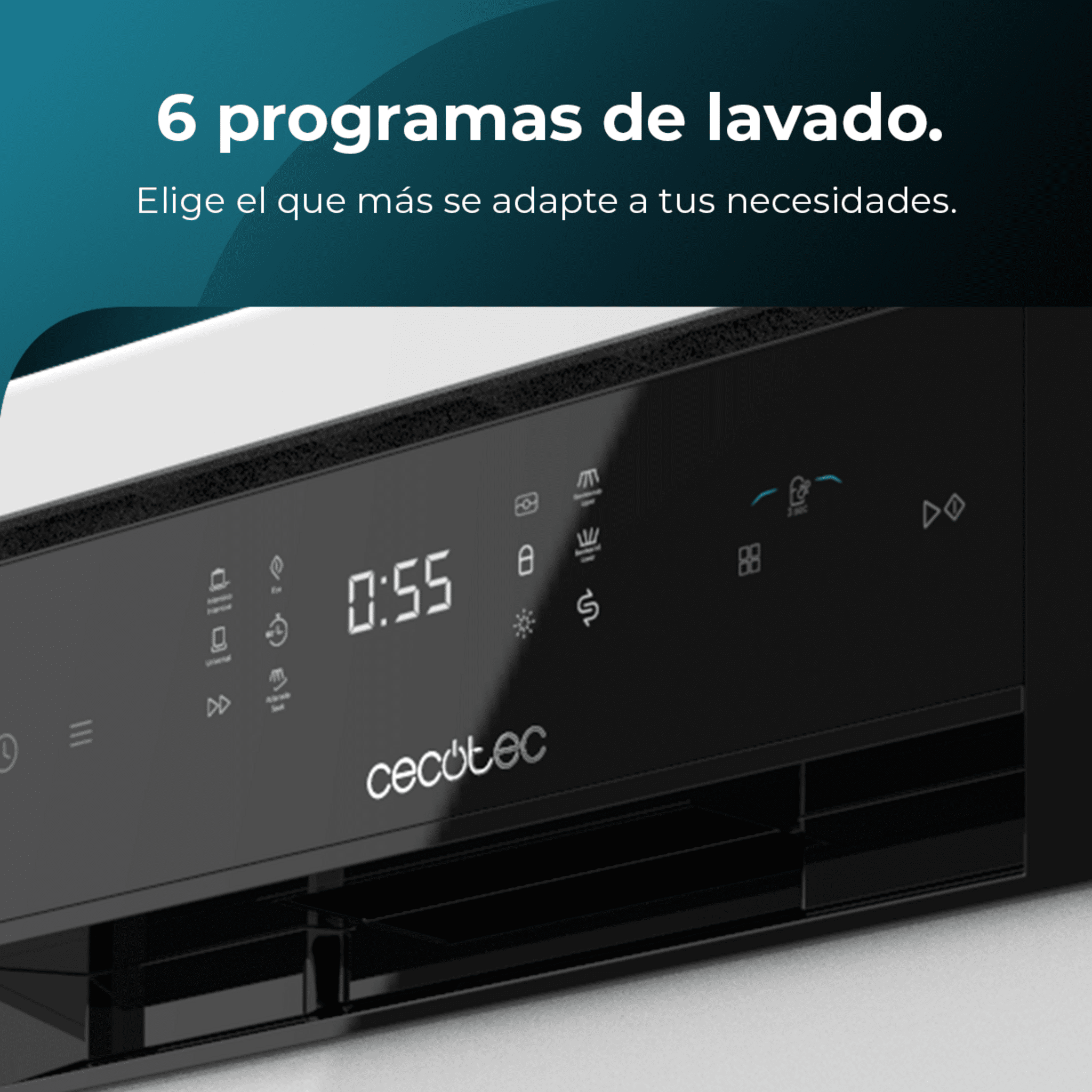 Un panel de control de lavadora con una pantalla digital que muestra 0:55 y varios iconos de programas de lavado.