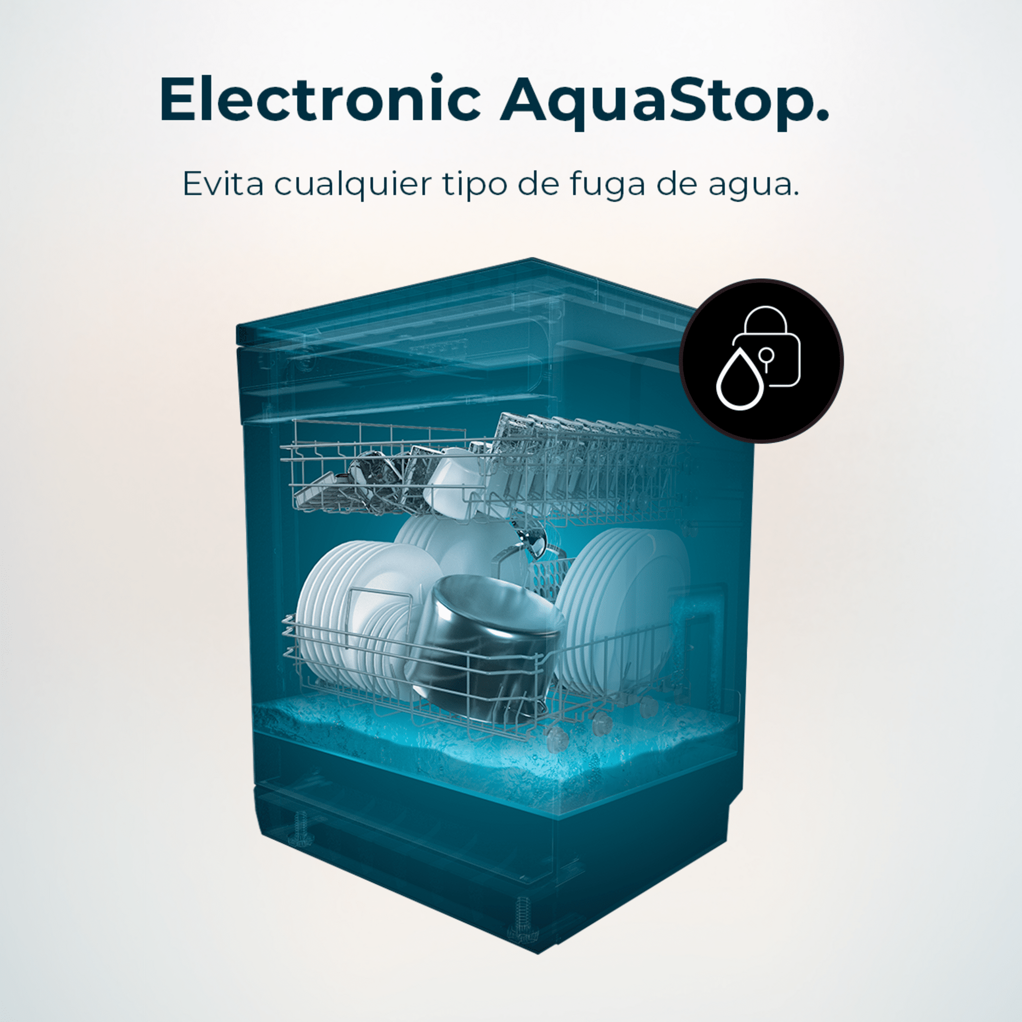 Un lavavajillas con vista transparente. Hay platos dentro y el agua es visible.