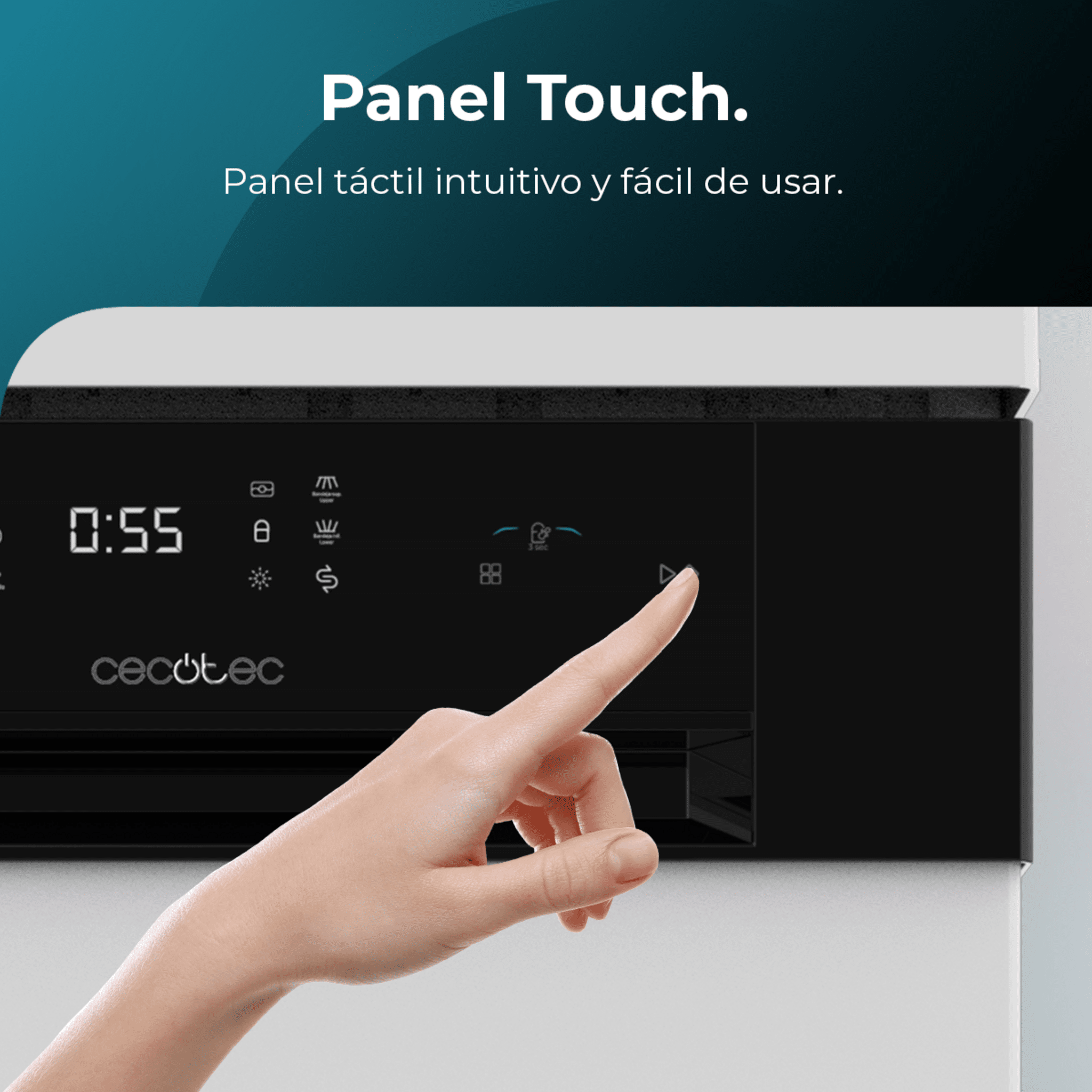 Una mano tocando un panel de control de lavavajillas con superposición de texto.