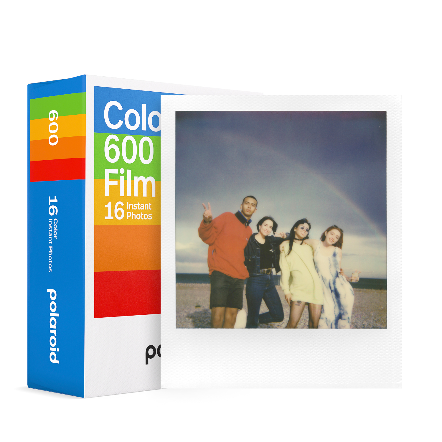 Polaroid film box with a printed photo of four people with a rainbow in the background.