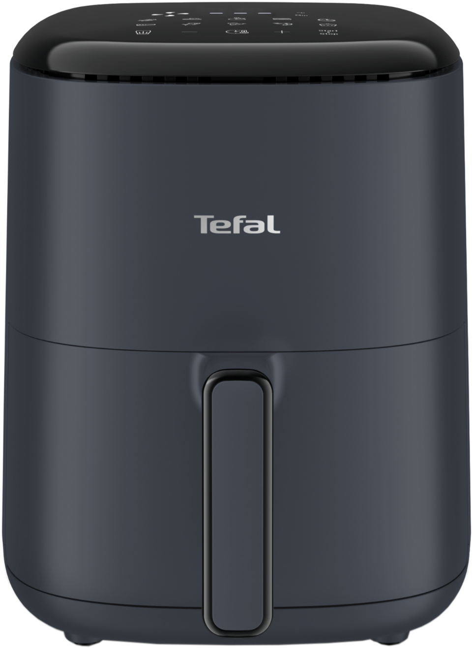 Fekete légkeveréses sütő a Tefal logóval. Fehér háttér.