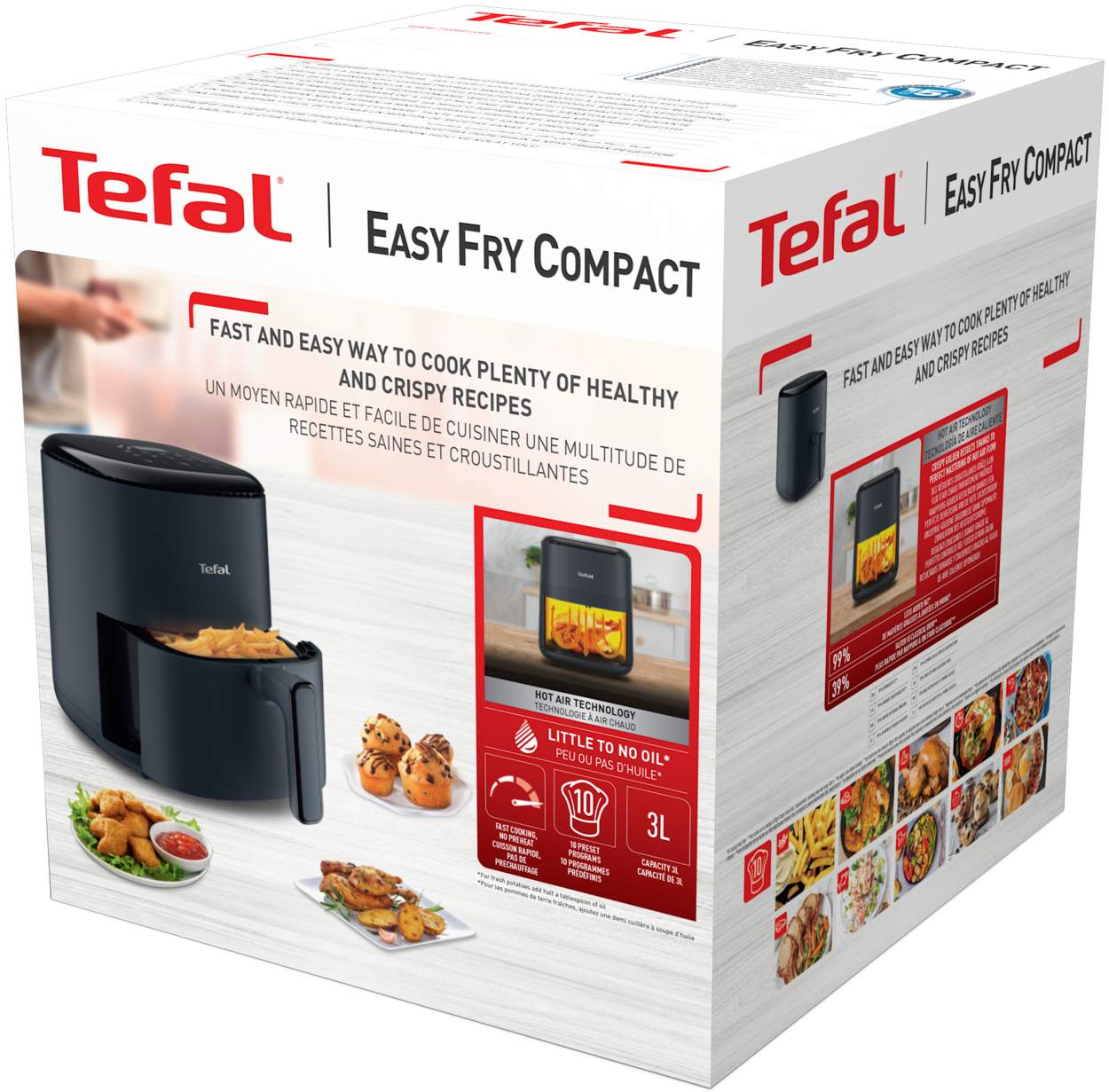 Egy Tefal Easy Fry Compact légkeveréses sütő doboza ételek és a termék képeivel.