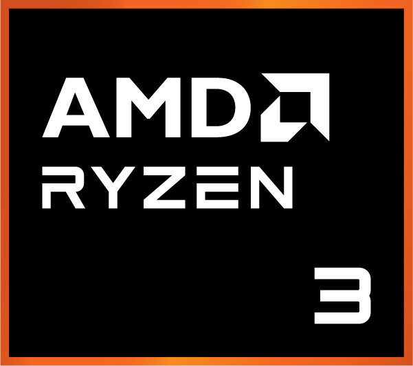 Logotipo AMD Ryzen 3 sobre negro con borde naranja.