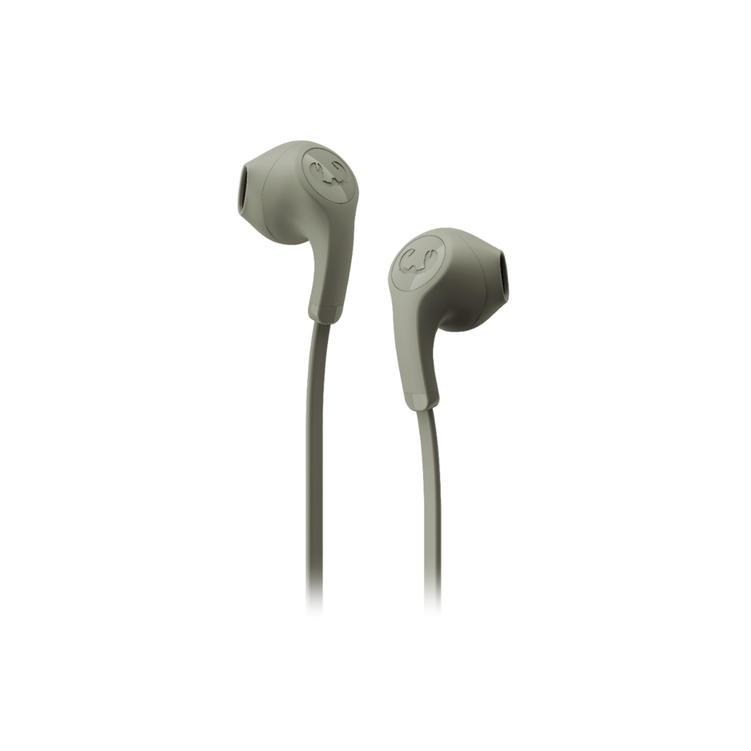 Twee grijze in-ear oortelefoons met een logo op de oordop. Zwarte achtergrond.