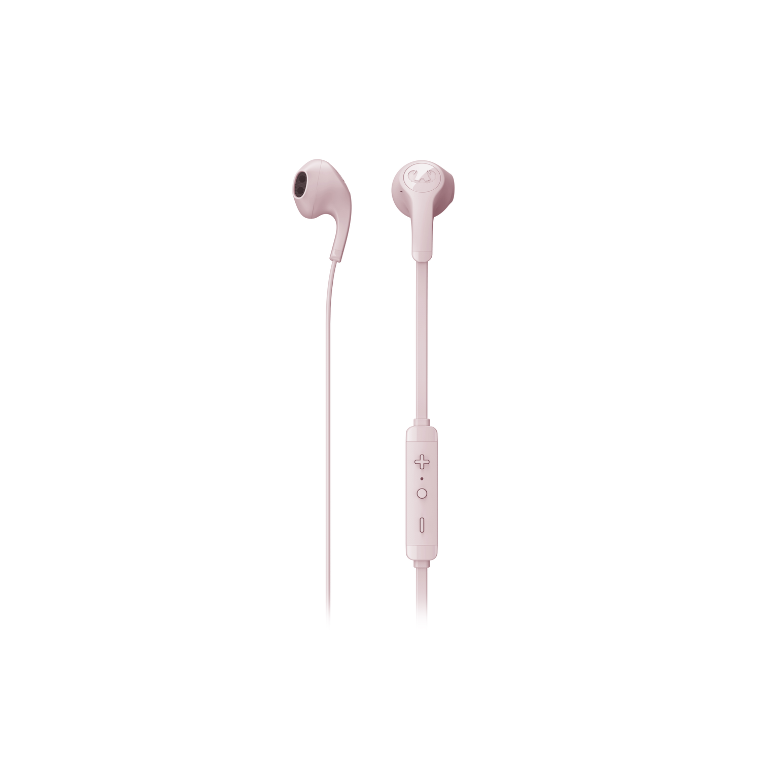 Roze oortelefoons met bedieningsknoppen op een witte achtergrond.