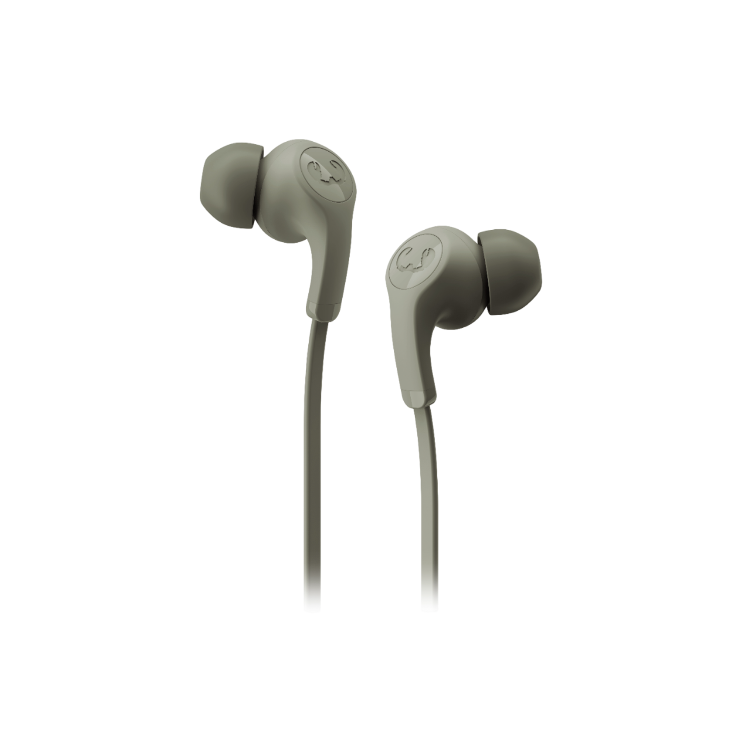 Set grijze in-ear oortelefoons. De oortelefoons staan op een zwarte achtergrond.