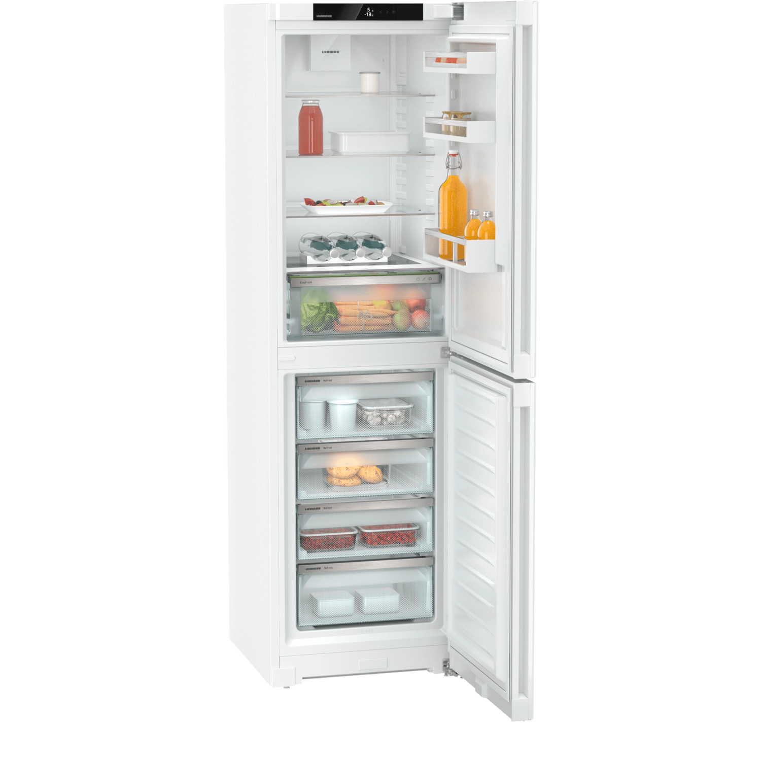 White refrigerator with opened doors showing shelves with food and drinks. White background.