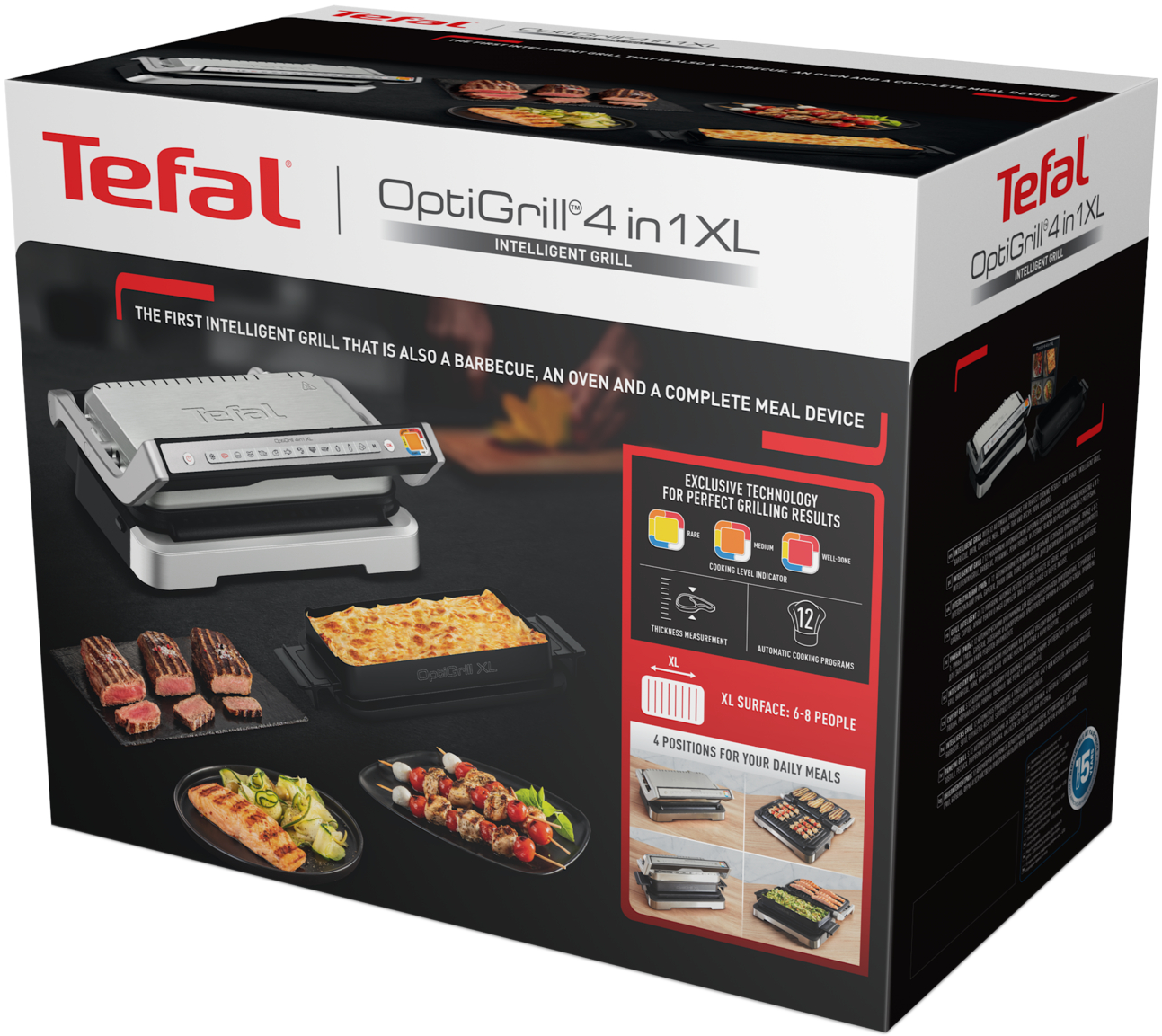 Tefal OptiGrill doboz a grill, a sült étel és a funkciók képével, fekete háttér előtt.