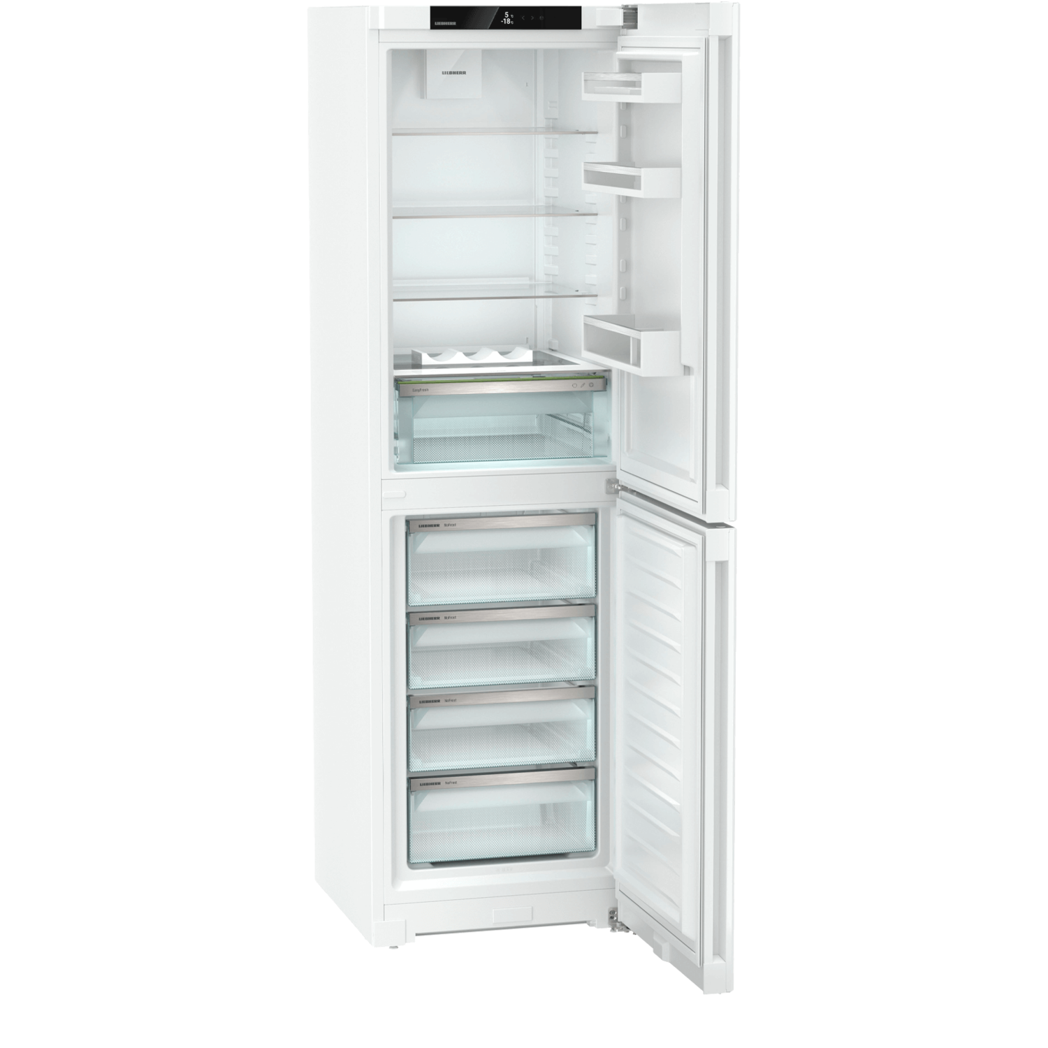 White refrigerator with open door, displaying shelves, drawers, and a small control panel.