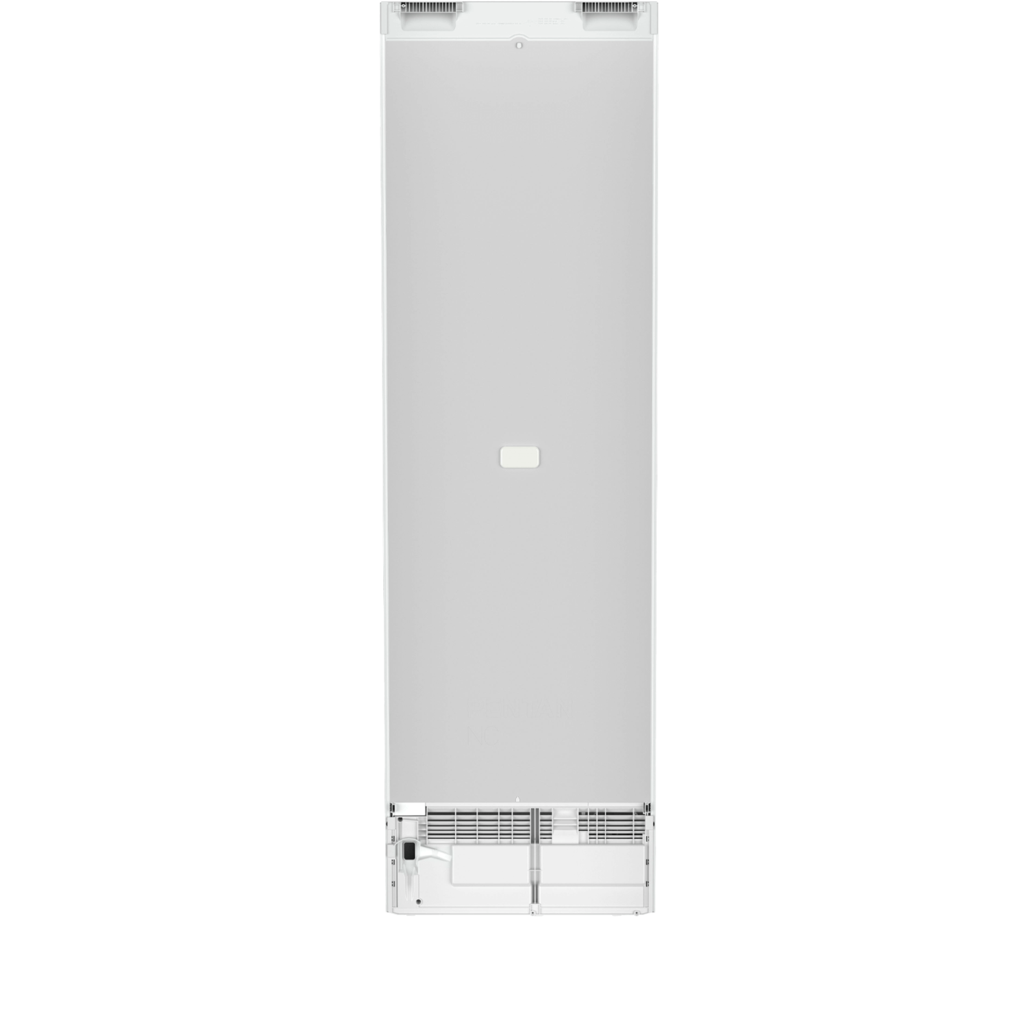 The back of a white refrigerator. It's tall, and the back is flat. It has vents and a small box at the bottom.