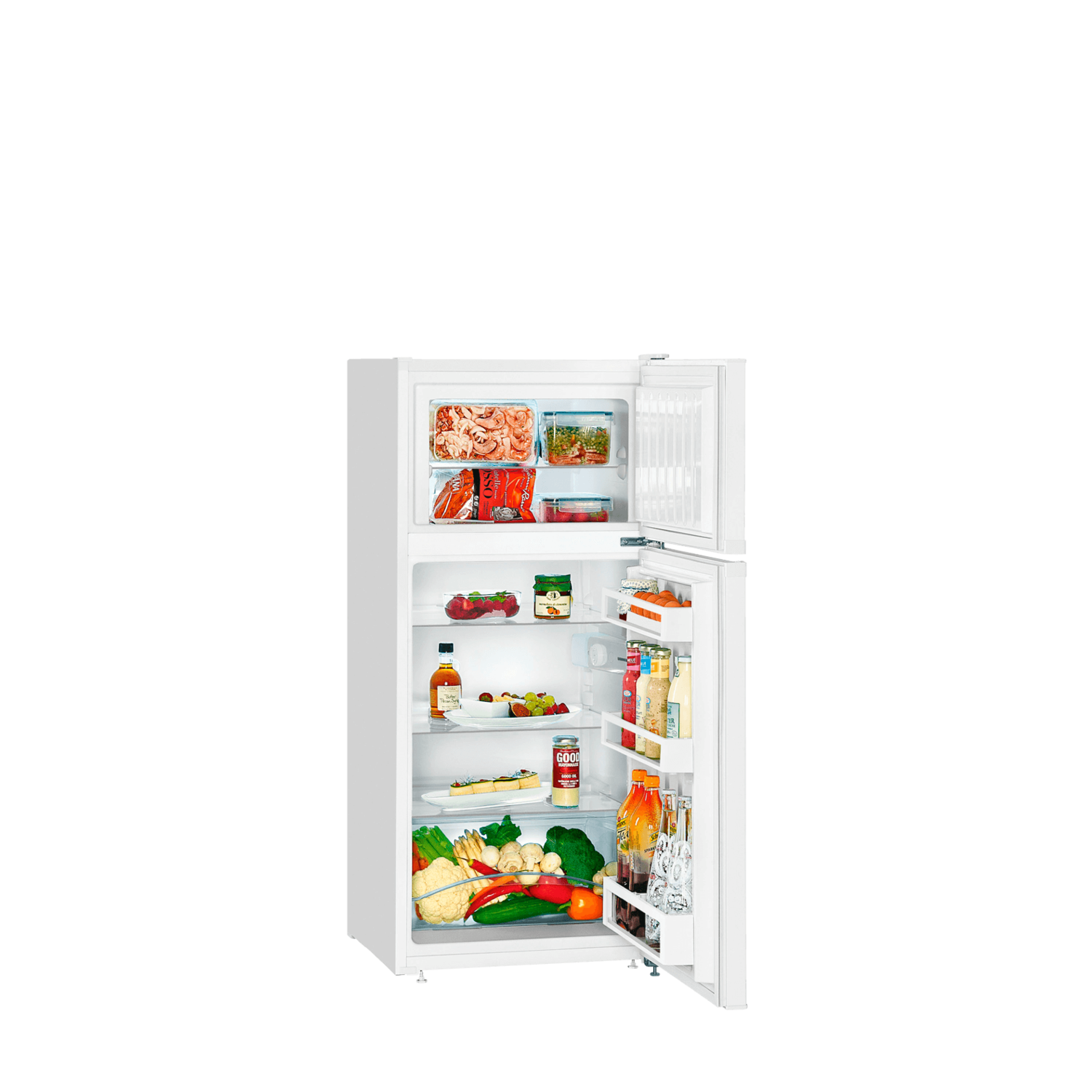 An open refrigerator filled with various groceries.