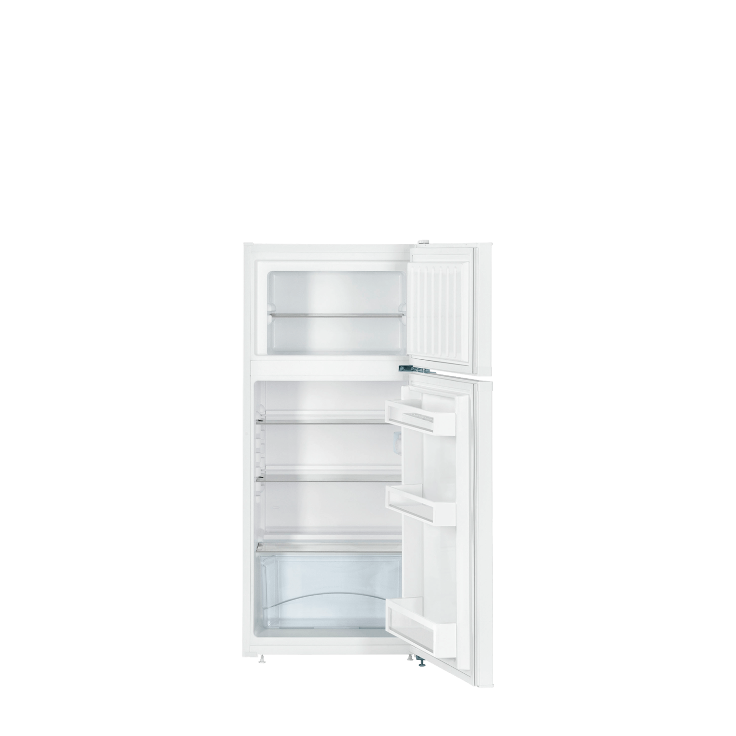 A white refrigerator with open doors, showing shelves.