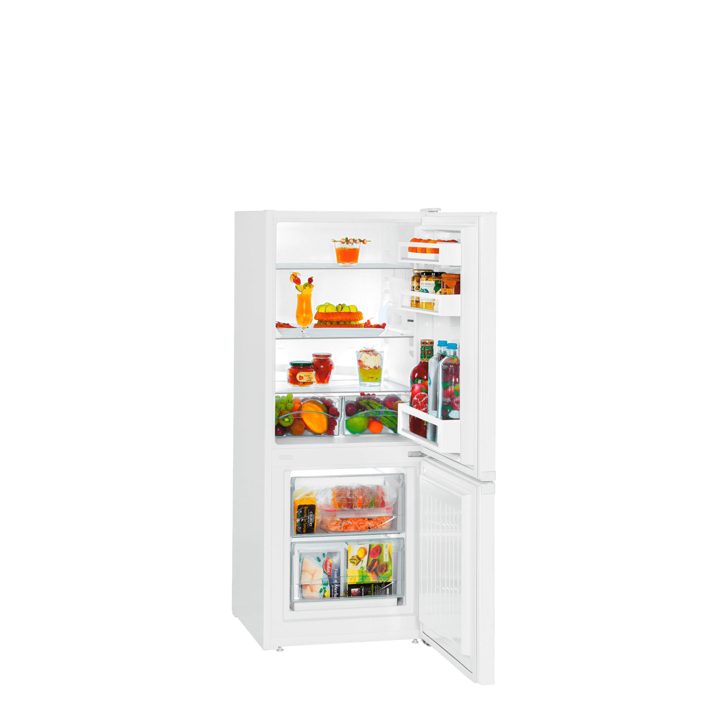 A white refrigerator with the door open. There are shelves with food and beverages inside.
