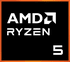 Logo AMD Ryzen 5, fond noir avec texte blanc et bordure orange.