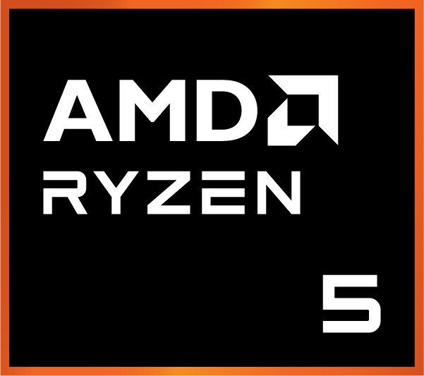 AMD Ryzen 5 Logo, schwarzer Hintergrund mit weißem Text und orangefarbenem Rahmen.