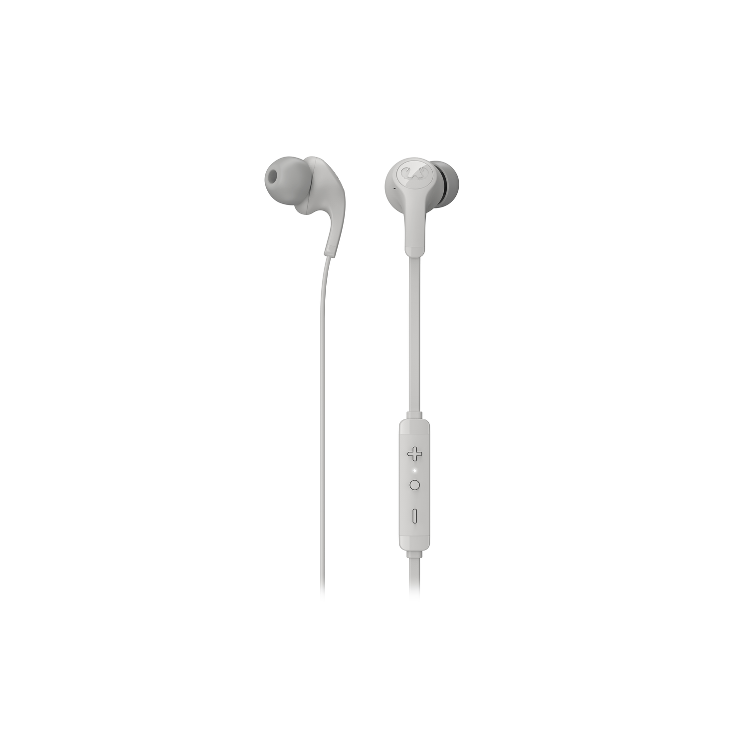 Paar grijze bedrade oordopjes. Ze hebben een microfoon op de kabel en een volumeregeling.