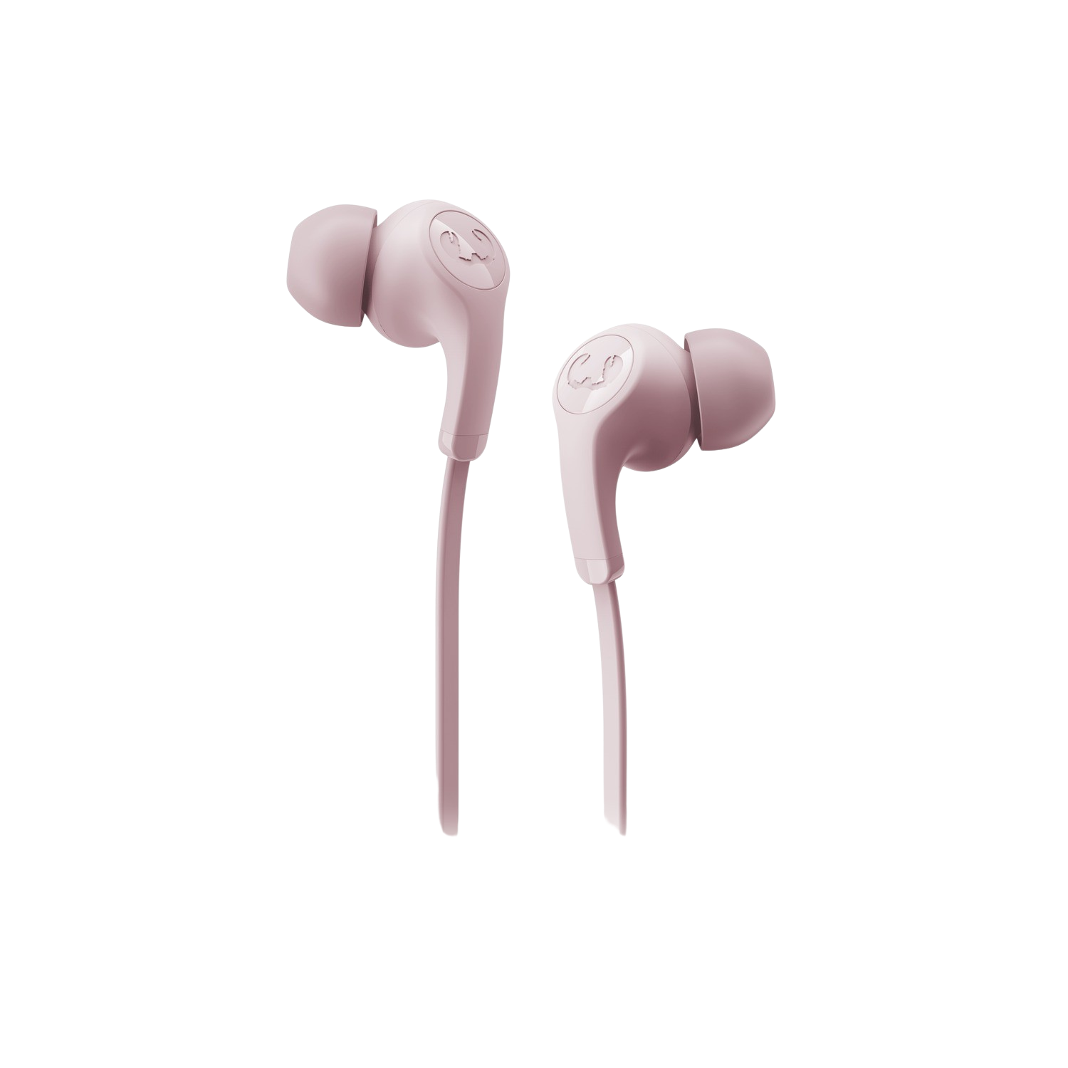 Een paar roze Skullcandy oordopjes met een zwarte achtergrond.