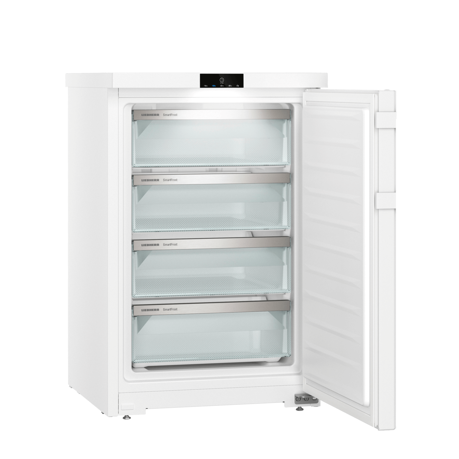 White refrigerator with open door showing glass shelves. The freezer has four shelves.
