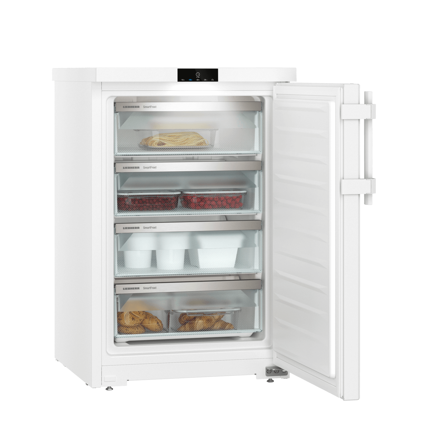 A white refrigerator with the door open, revealing shelves of food, on a black background.