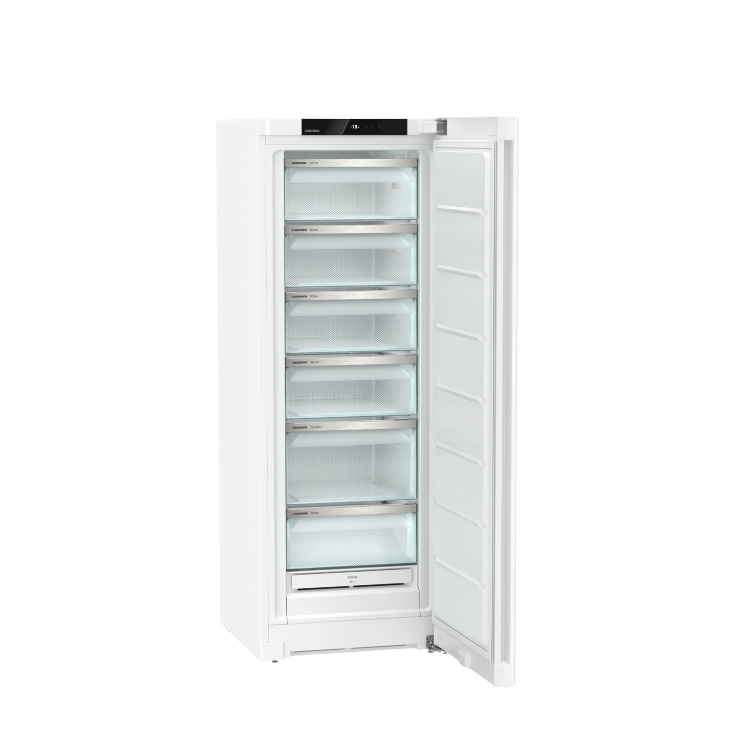 Open white freezer with shelves inside. Black background.