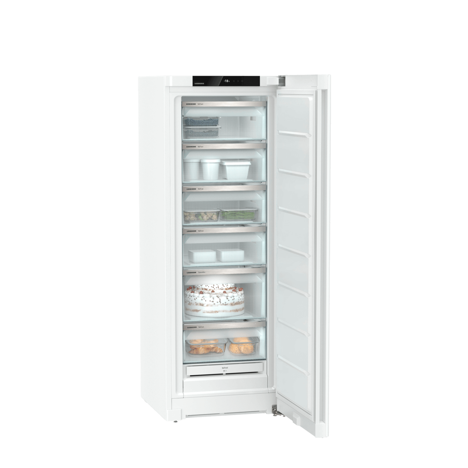 White refrigerator with the door open, revealing shelves and contents.