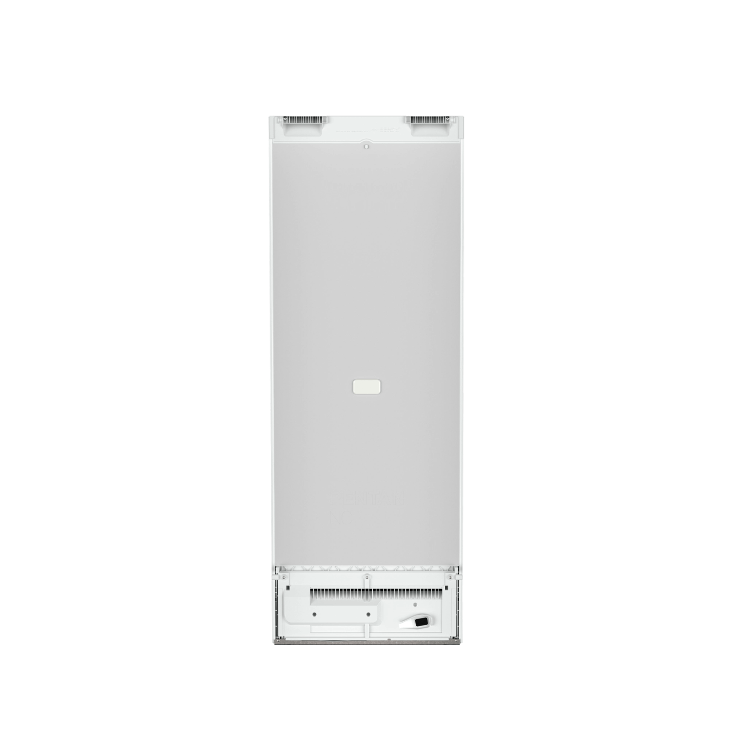 Top view of a white refrigerator with a black background. The door is plain and closed.