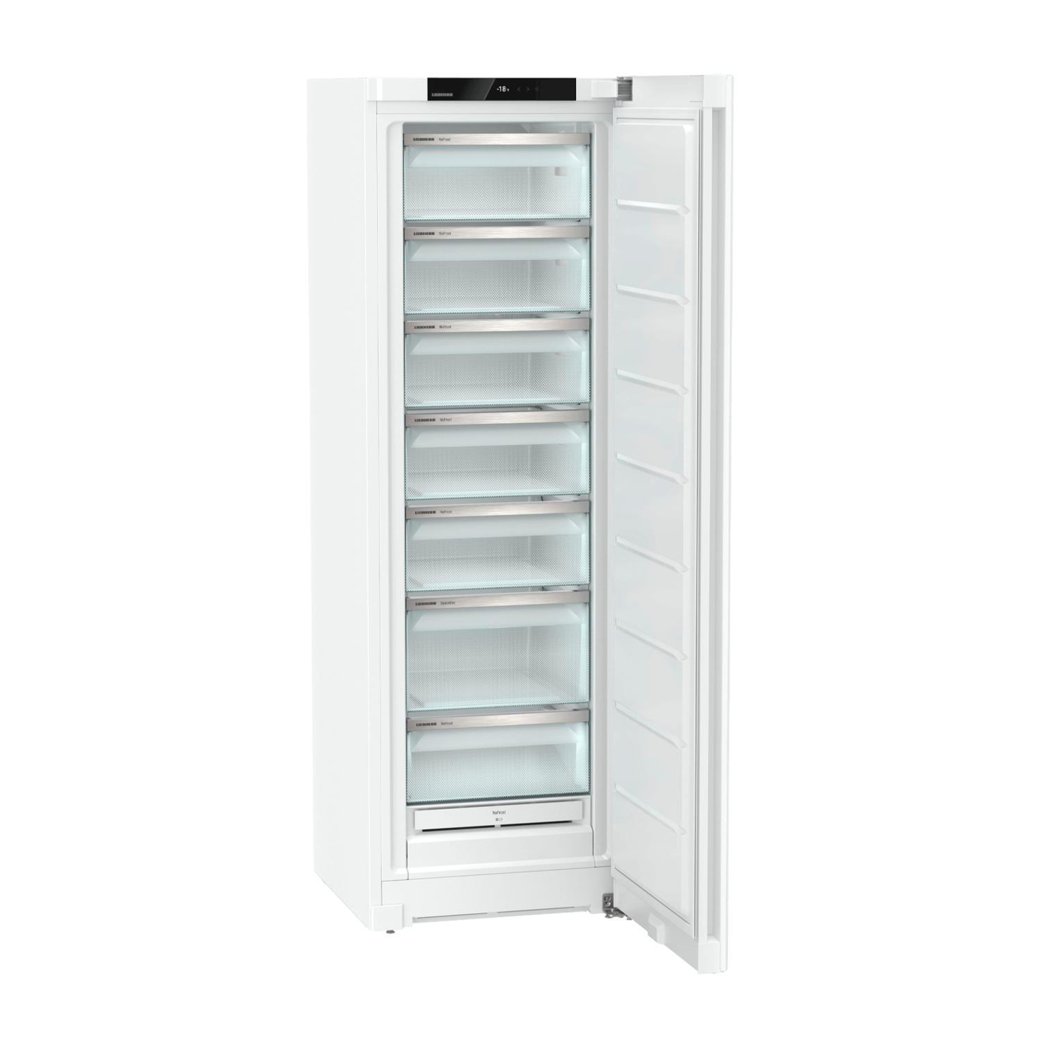 A white Liebherr freezer. It has multiple drawers open, revealing shelves and the inside.