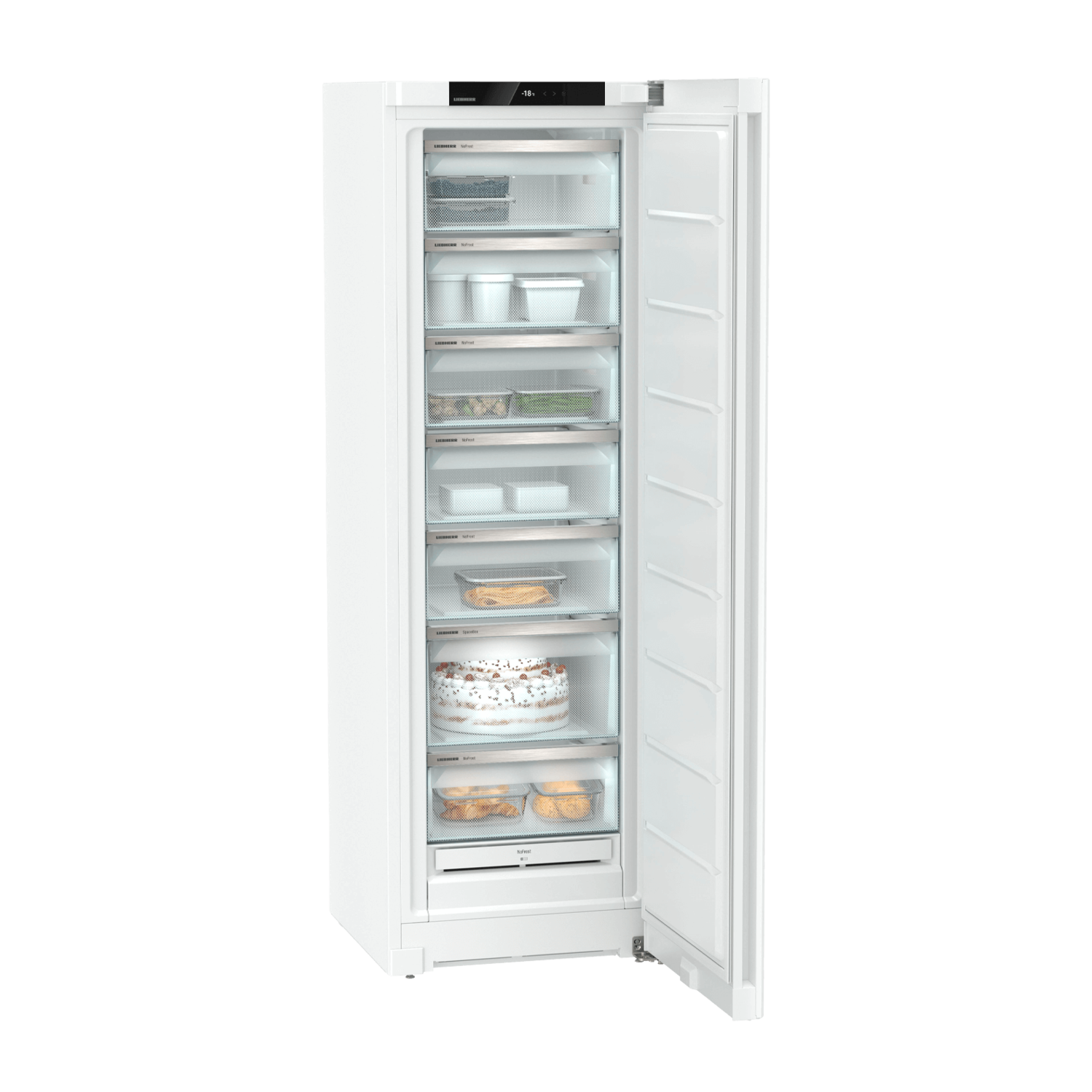 White refrigerator with open door, revealing multiple shelves and drawers with food items.
