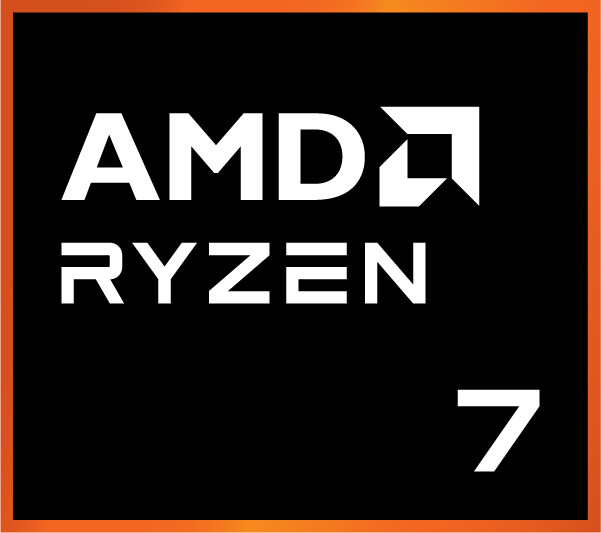 Logotipo AMD Ryzen 7, fondo negro con texto blanco y borde naranja.