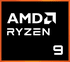Logo AMD Ryzen 9, fond noir avec texte blanc et bordure orange.