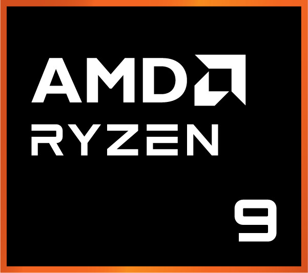 AMD Ryzen 9 Logo, schwarzer Hintergrund mit weißem Text und orangefarbenem Rahmen.