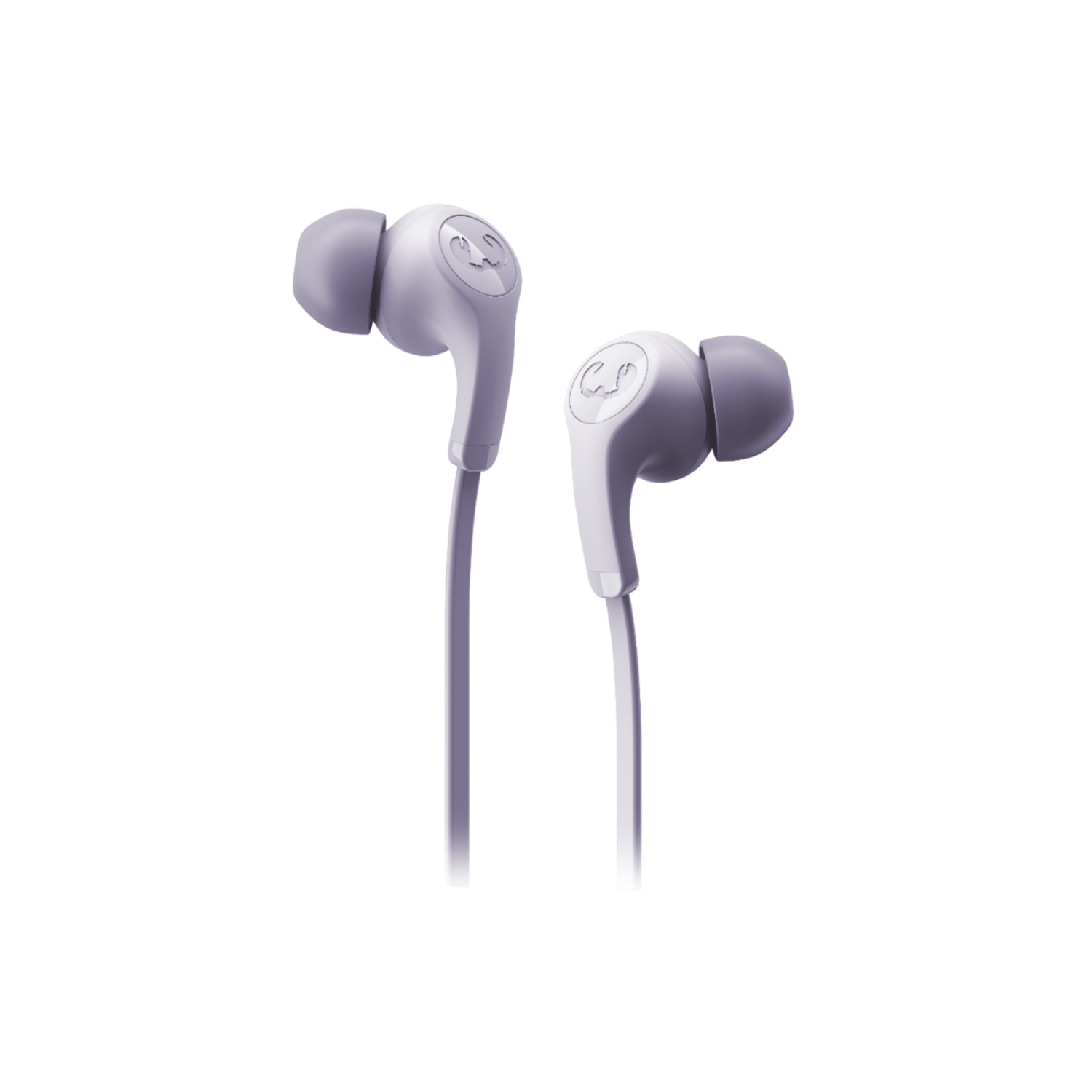 Set witte en lichtpaarse in-ear oortelefoons op een donkere achtergrond.