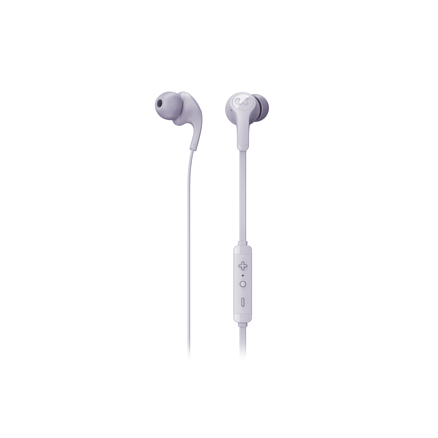 Twee grijze oortelefoons op een witte achtergrond met een witte kabel.