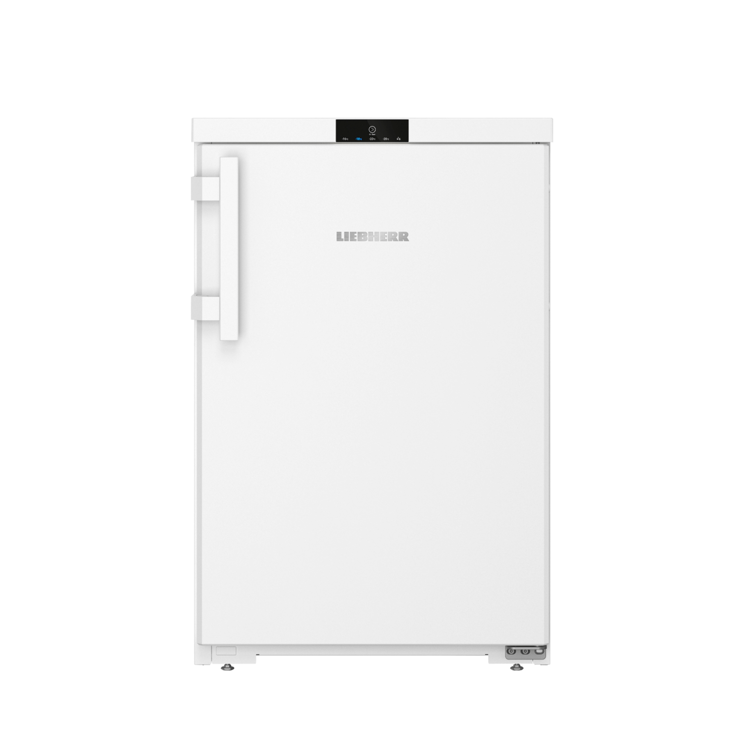 White Liebherr freezer, front view, on a black background.