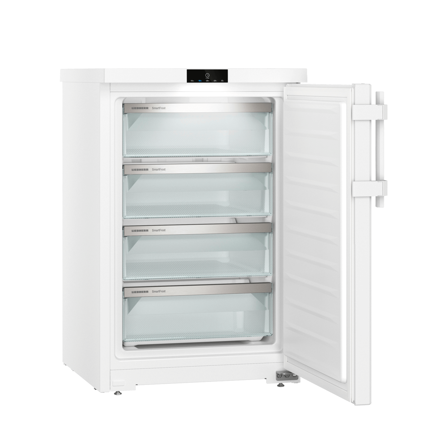 White refrigerator with open door, showing shelves and drawers. The door has a handle.