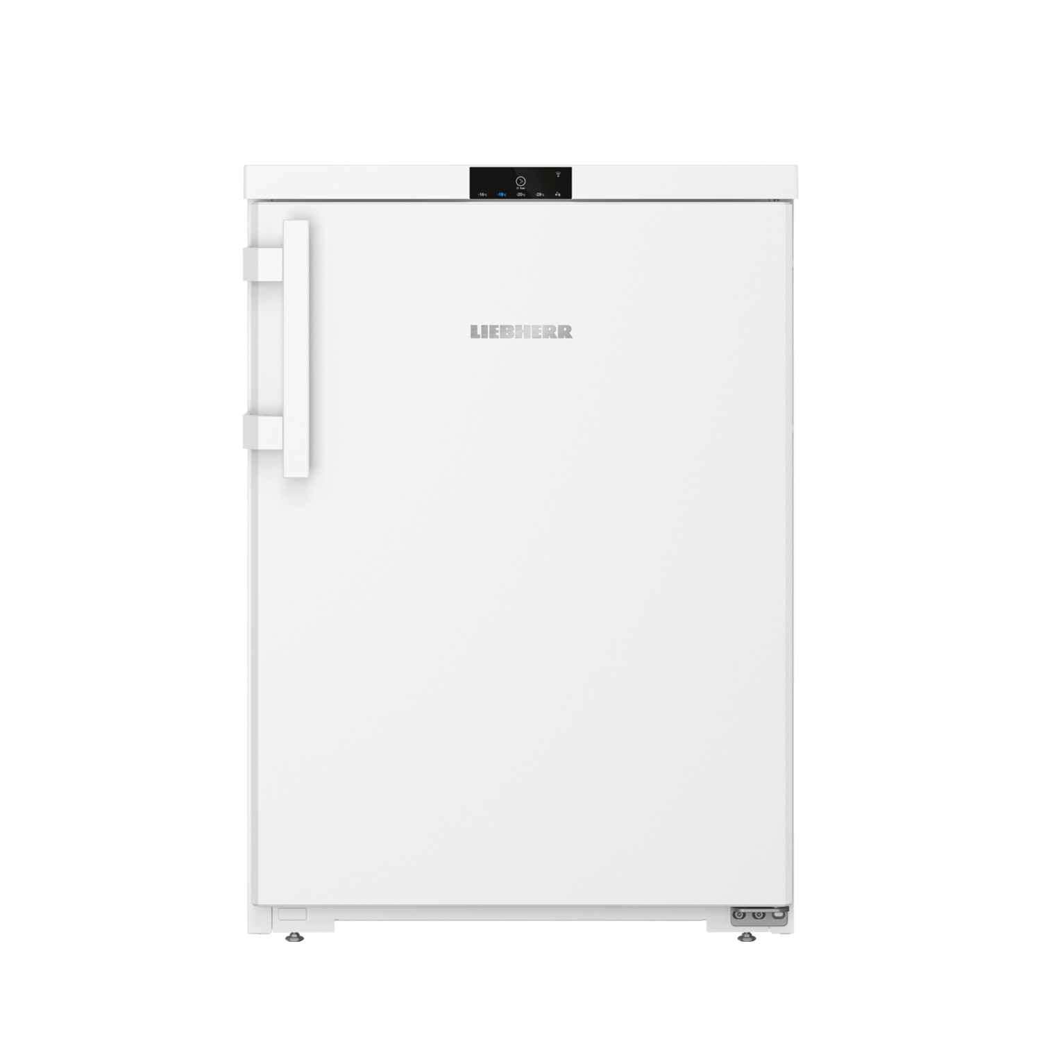 A white Liebherr refrigerator with a handle and a digital display.